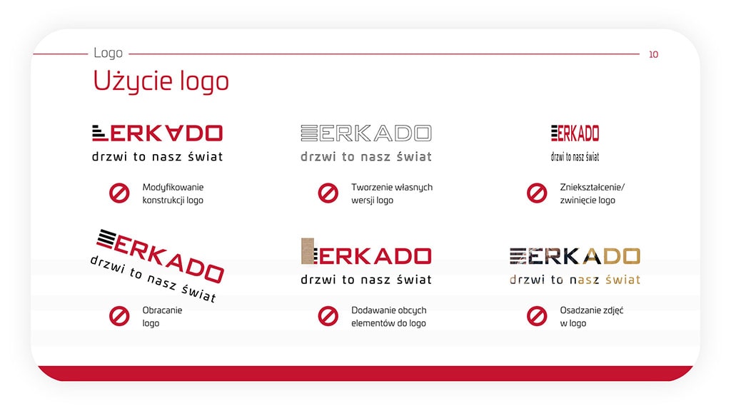 Przykłady niedozwolonych modyfikacji logotypu Erkado